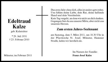 Anzeige von Edeltraud Kalze von Westfälische Nachrichten