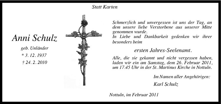  Traueranzeige für Anni Schulz vom 21.02.2011 aus Westfälische Nachrichten