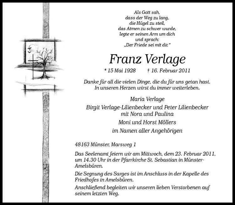  Traueranzeige für Franz Verlage vom 21.02.2011 aus Westfälische Nachrichten