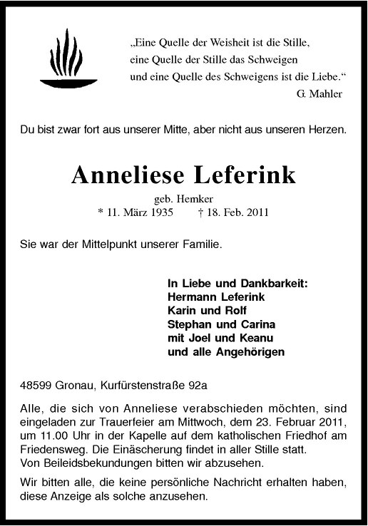  Traueranzeige für Anneliese Leferink vom 21.02.2011 aus Westfälische Nachrichten