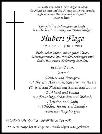 Anzeige von Hubert Fiege von Westfälische Nachrichten