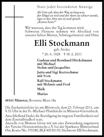 Anzeige von Elli Stockmann von Westfälische Nachrichten