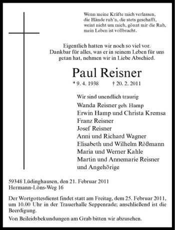 Anzeige von Paul Reisner von Westfälische Nachrichten