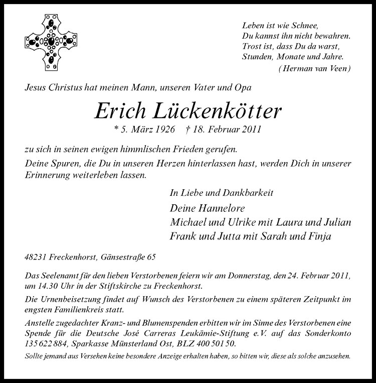  Traueranzeige für Erich Lückenkötter vom 22.02.2011 aus Westfälische Nachrichten