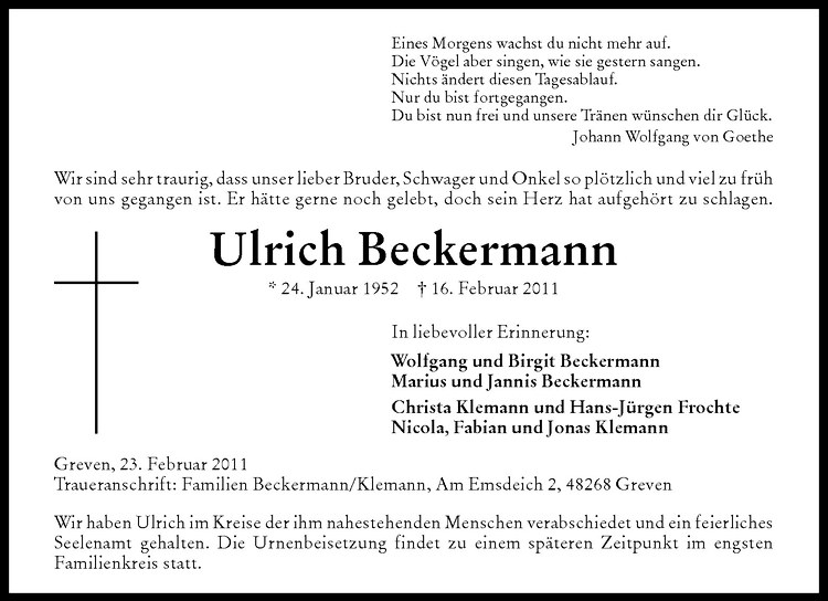  Traueranzeige für Ulrich Beckermann vom 23.02.2011 aus Westfälische Nachrichten