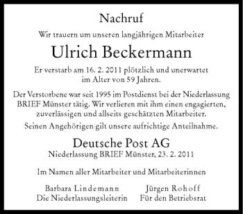 Anzeige von Ulrich Beckermann von Westfälische Nachrichten