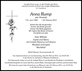 Anzeige von Anna Rump von Westfälische Nachrichten