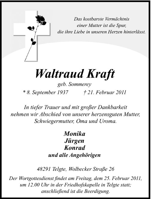  Traueranzeige für Waltraud Kraft vom 23.02.2011 aus Westfälische Nachrichten