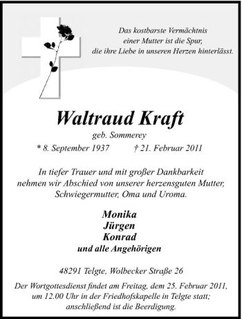 Anzeige von Waltraud Kraft von Westfälische Nachrichten