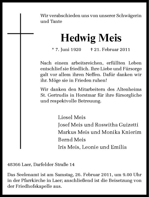  Traueranzeige für Hedwig Meis vom 24.02.2011 aus Westfälische Nachrichten