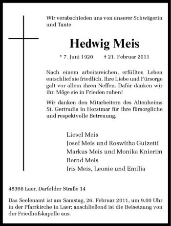 Anzeige von Hedwig Meis von Westfälische Nachrichten