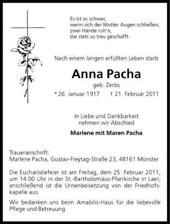 Anzeige von Anna Pacha von Westfälische Nachrichten