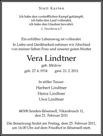 Anzeige von Vera Lindtner von Westfälische Nachrichten