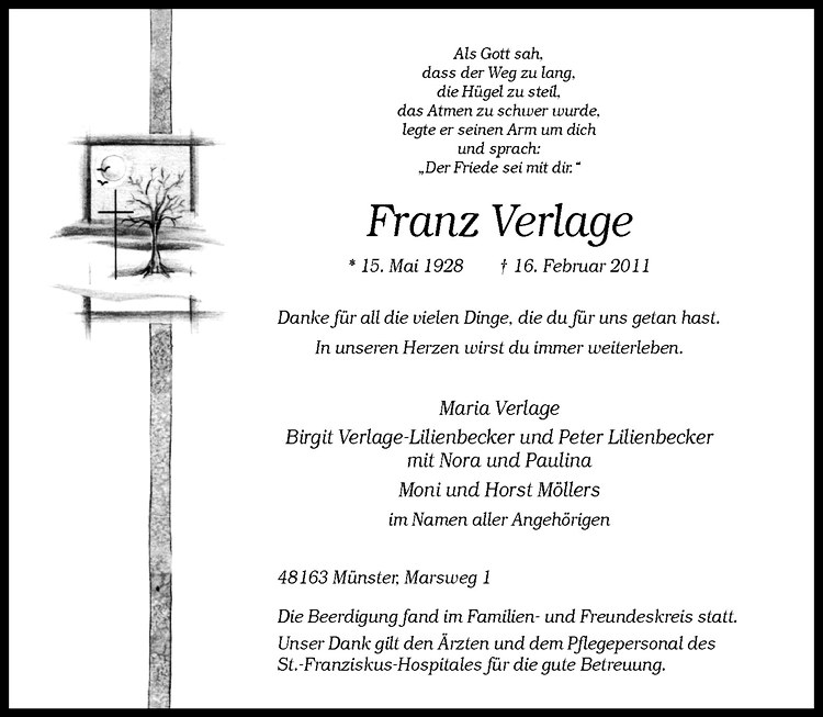  Traueranzeige für Franz Verlage vom 26.02.2011 aus Westfälische Nachrichten