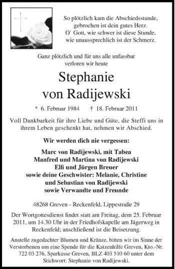 Anzeige von Stephanie von Radijewski von Westfälische Nachrichten