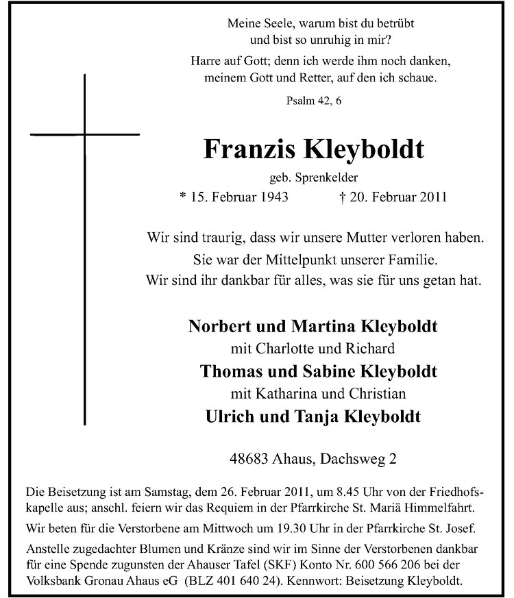  Traueranzeige für Franzis Kleyboldt vom 23.02.2011 aus Westfälische Nachrichten