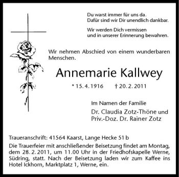 Anzeige von Annemarie Kallwey von Westfälische Nachrichten