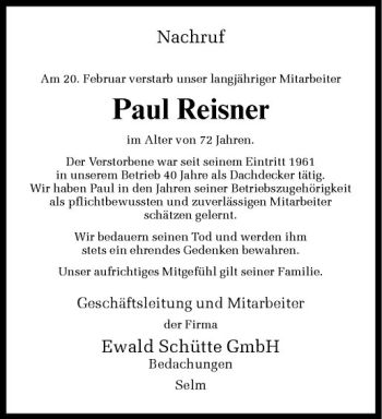 Anzeige von Paul Reisner von Westfälische Nachrichten