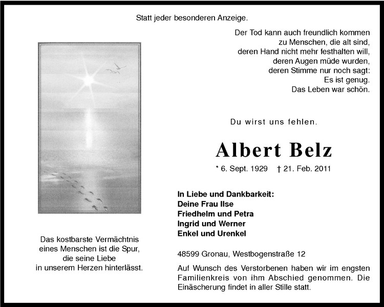  Traueranzeige für Albert Belz vom 24.02.2011 aus Westfälische Nachrichten