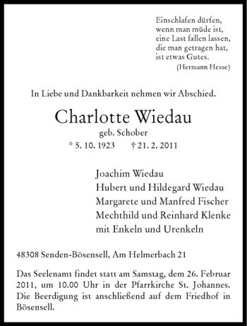 Anzeige von Charlotte Wiedau von Westfälische Nachrichten