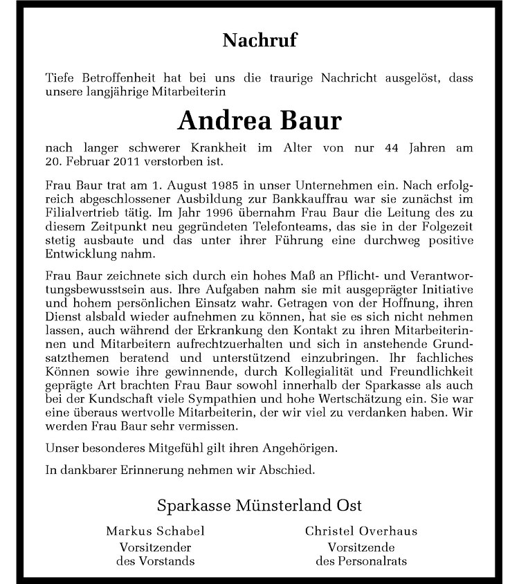  Traueranzeige für Andrea Baur vom 24.02.2011 aus Westfälische Nachrichten