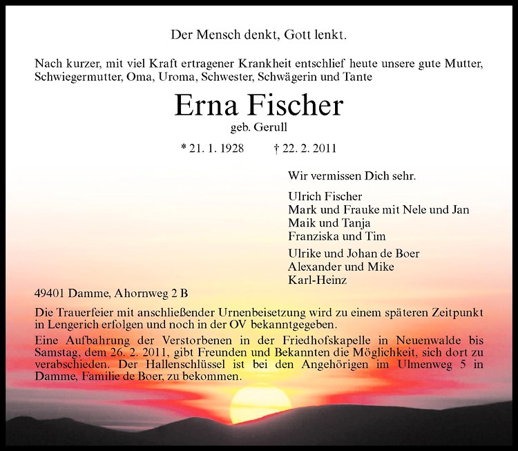  Traueranzeige für Erna Fischer vom 24.02.2011 aus Westfälische Nachrichten