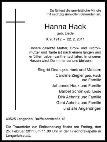 Anzeige von Hanna Hack von Westfälische Nachrichten