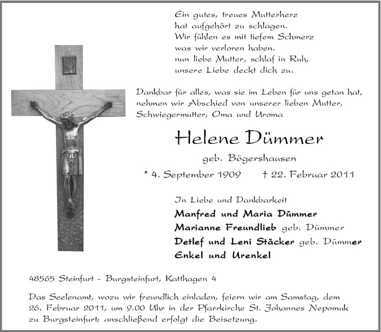  Traueranzeige für Helene Dümmer vom 24.02.2011 aus Westfälische Nachrichten