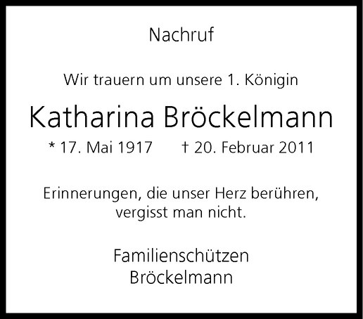  Traueranzeige für Katharina Bröckelmann vom 25.02.2011 aus Westfälische Nachrichten