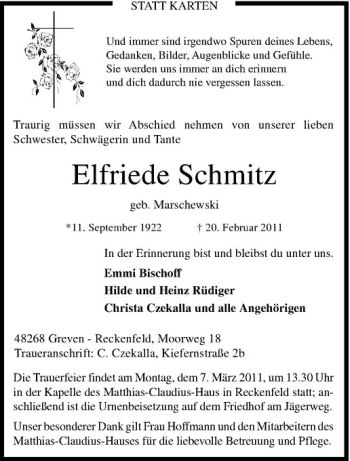 Anzeige von Elfriede Schmitz von Westfälische Nachrichten