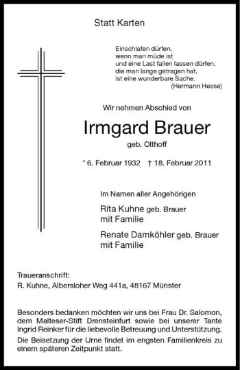 Anzeige von Irmgard Brauer von Westfälische Nachrichten
