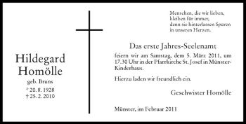Anzeige von Hildegard Homölle von Westfälische Nachrichten