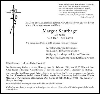 Anzeige von Margot Keuthage von Westfälische Nachrichten