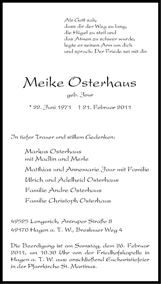  Traueranzeige für Meike Osterhaus vom 25.02.2011 aus Westfälische Nachrichten