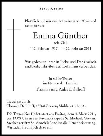 Anzeige von Emma Günther von Westfälische Nachrichten