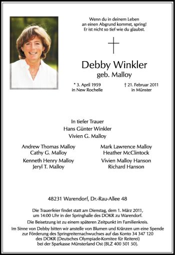 Anzeige von Debby Winkler von Westfälische Nachrichten