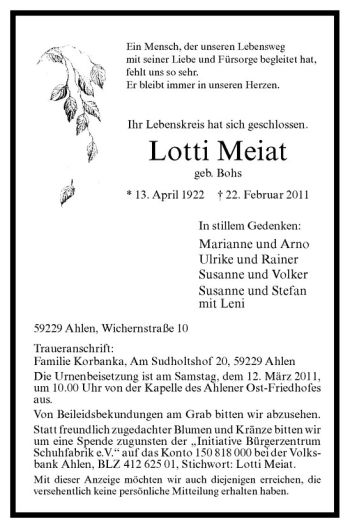 Anzeige von Lotti Meiat von Westfälische Nachrichten