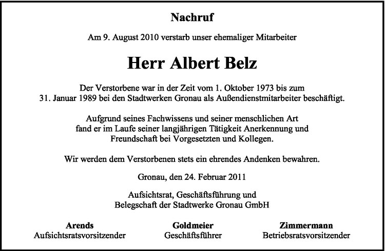  Traueranzeige für Albert Belz vom 25.02.2011 aus Westfälische Nachrichten