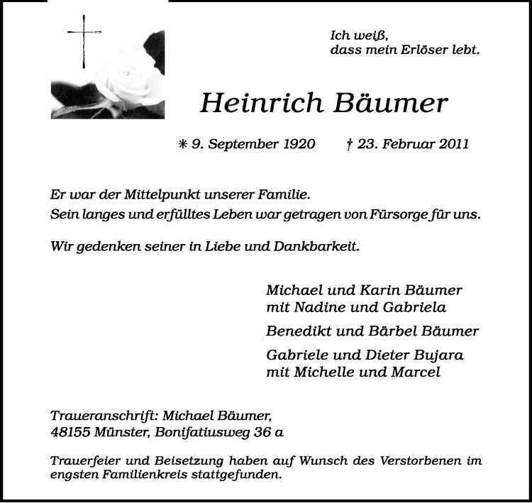  Traueranzeige für Heinrich Bäumer vom 05.03.2011 aus Westfälische Nachrichten