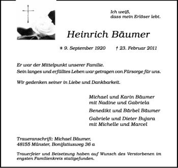 Anzeige von Heinrich Bäumer von Westfälische Nachrichten