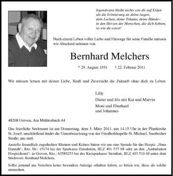 Anzeige von Bernhard Melchers von Westfälische Nachrichten