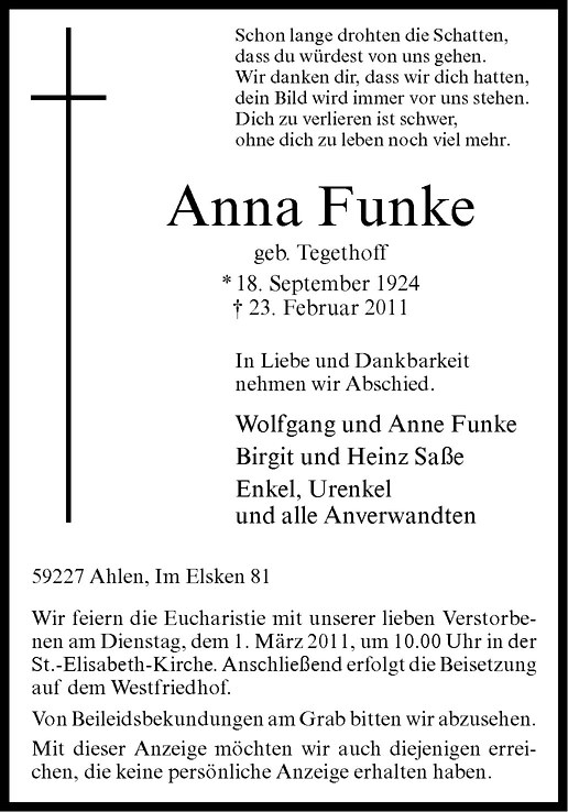  Traueranzeige für Anna Funke vom 26.02.2011 aus Westfälische Nachrichten