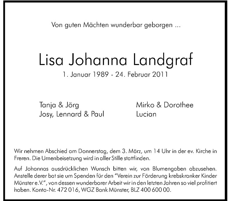  Traueranzeige für Lisa Johanna Landgraf vom 26.02.2011 aus Westfälische Nachrichten