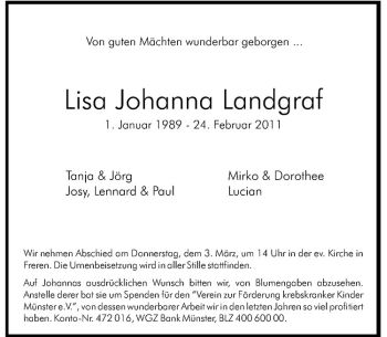 Anzeige von Lisa Johanna Landgraf von Westfälische Nachrichten