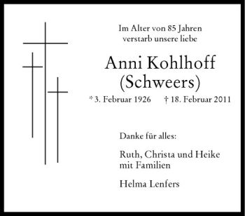 Anzeige von Anni Kohlhoff von Westfälische Nachrichten