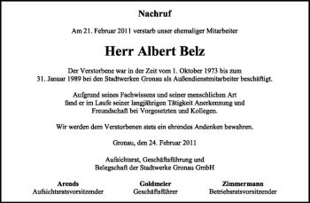 Anzeige von Albert Belz von Westfälische Nachrichten