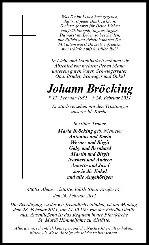  Traueranzeige für Johann Bröcking vom 26.02.2011 aus Westfälische Nachrichten