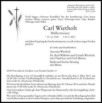 Anzeige von Carl Wietholt von Westfälische Nachrichten