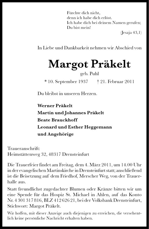  Traueranzeige für Margot Präkelt vom 02.03.2011 aus Westfälische Nachrichten