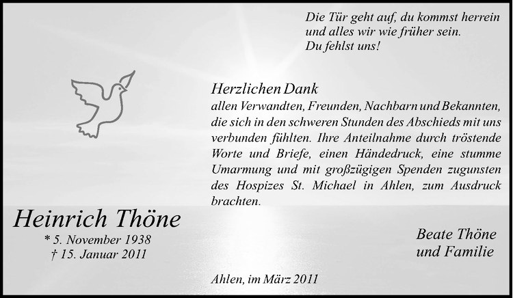  Traueranzeige für Heinrich Thöne vom 01.03.2011 aus Westfälische Nachrichten
